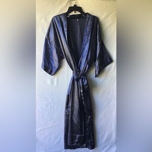 Elegant Navy Satin Kimono Robe with pockets